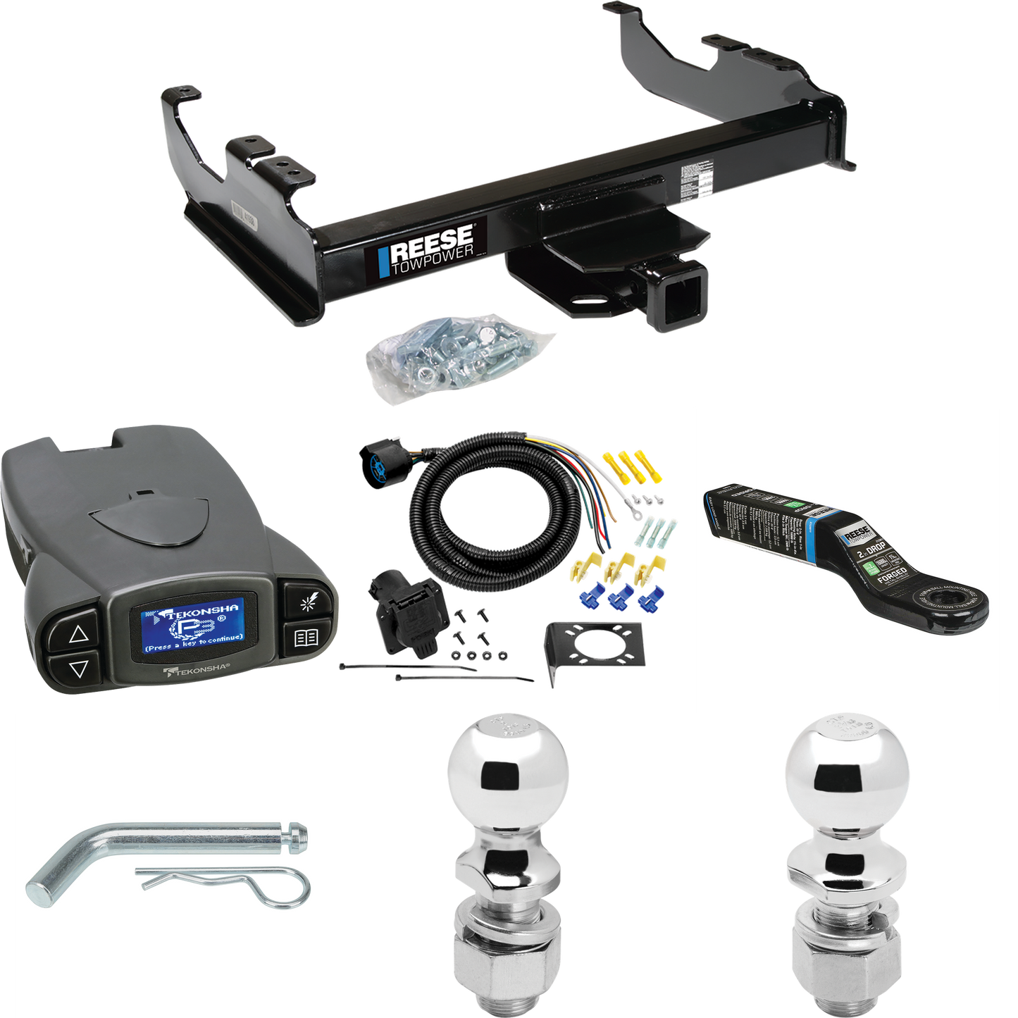 Se adapta al paquete de remolque con enganche para remolque GMC K35 1968-1974 con control de freno Tekonsha Prodigy P3 + cableado RV de 7 vías + soporte de bola y caída de 2" y 2-5/16" de Reese Towpower