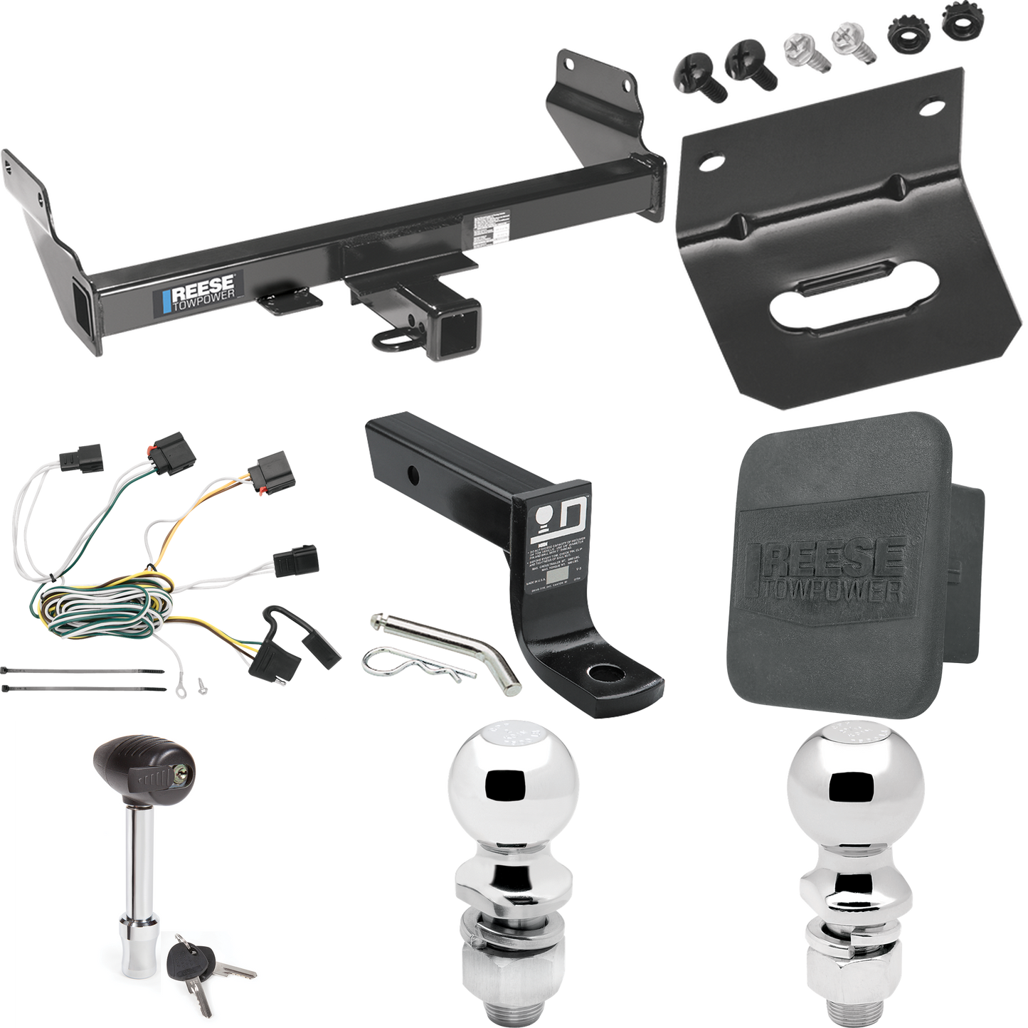 Fits 2011-2013 Jeep Grand Cherokee Trailer Hitch Tow PKG w/ 4-Flat Wiring + Ball Mount w/ 4" Drop + 2" Ball + 2-5/16" Ball + Wiring Bracket + Hitch Lock + Hitch Cover (For w/OEM Tow Hook Models) By Reese Towpower