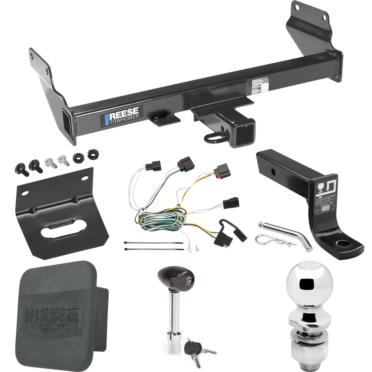 Fits 2011-2013 Jeep Grand Cherokee Trailer Hitch Tow PKG w/ 4-Flat Wiring + Ball Mount w/ 4" Drop + 2" Ball + Wiring Bracket + Hitch Lock + Hitch Cover (Excludes: w/OEM Tow Hook Models) By Reese Towpower