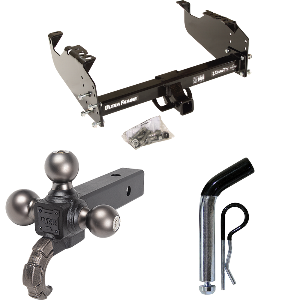 Fits 1988-1991 Chevrolet C3500 Trailer Hitch Tow PKG w/ Triple Ball Ball Mount 1-7/8" & 2" & 2-5/16" Trailer Balls w/ Tow Hook + Pin/Clip (For Crew Cab Models) By Draw-Tite