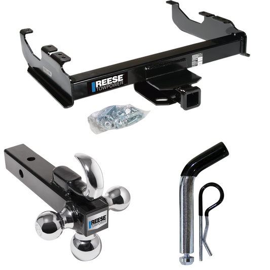 Fits 1985-1986 Chevrolet C10 Trailer Hitch Tow PKG w/ Triple Ball Ball Mount 1-7/8" & 2" & 2-5/16" Trailer Balls w/ Tow Hook + Pin/Clip (For w/34" Wide Frames Models) By Reese Towpower