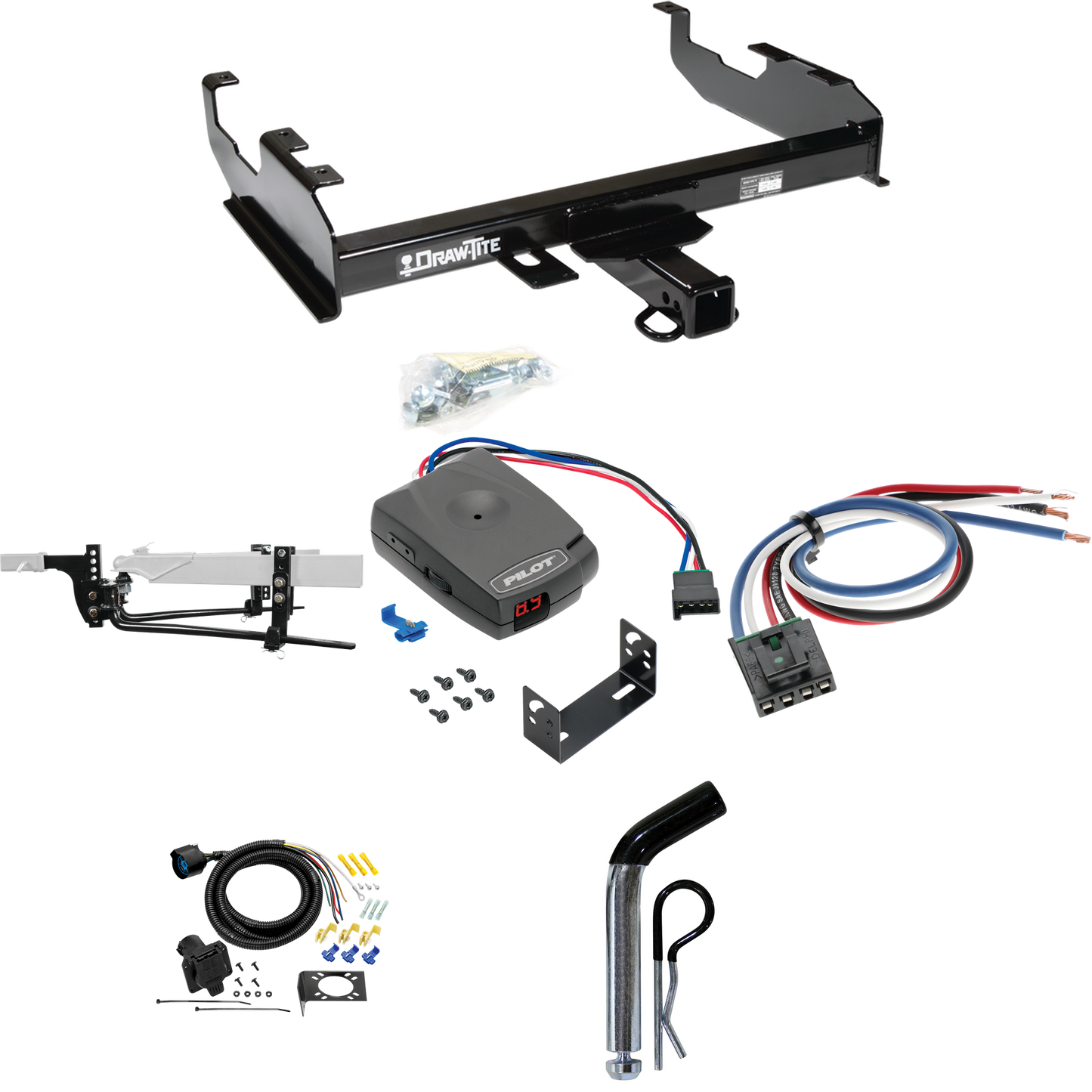 Fits 1963-1986 Chevrolet K20 Trailer Hitch Tow PKG w/ 11.5K Round Bar Weight Distribution Hitch w/ 2-5/16" Ball + Pin/Clip + Pro Series Pilot Brake Control + Generic BC Wiring Adapter + 7-Way RV Wiring (For w/8' Bed Models) By Draw-Tite