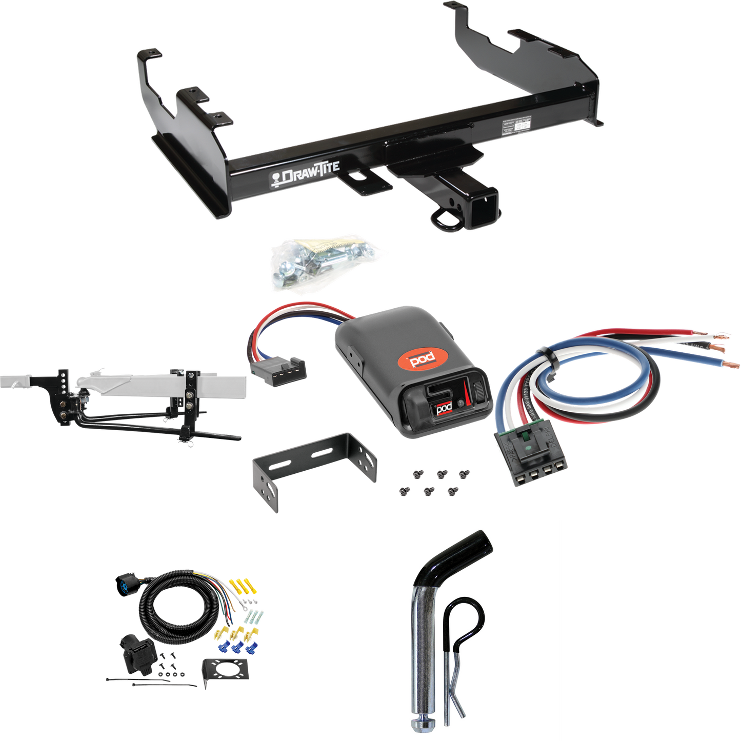 Fits 1988-1991 Chevrolet K3500 Trailer Hitch Tow PKG w/ 11.5K Round Bar Weight Distribution Hitch w/ 2-5/16" Ball + Pin/Clip + Pro Series POD Brake Control + Generic BC Wiring Adapter + 7-Way RV Wiring (For Crew Cab w/8' Bed Models) By Draw-Tite