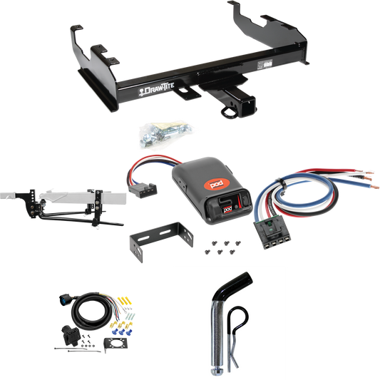 Fits 1988-1991 Chevrolet K3500 Trailer Hitch Tow PKG w/ 11.5K Round Bar Weight Distribution Hitch w/ 2-5/16" Ball + Pin/Clip + Pro Series POD Brake Control + Generic BC Wiring Adapter + 7-Way RV Wiring (For Crew Cab w/8' Bed Models) By Draw-Tite