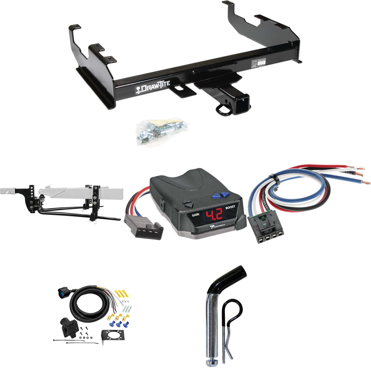 Fits 1979-1986 GMC C3500 Trailer Hitch Tow PKG w/ 11.5K Round Bar Weight Distribution Hitch w/ 2-5/16" Ball + Pin/Clip + Tekonsha BRAKE-EVN Brake Control + Generic BC Wiring Adapter + 7-Way RV Wiring (For w/8' Bed Models) By Draw-Tite