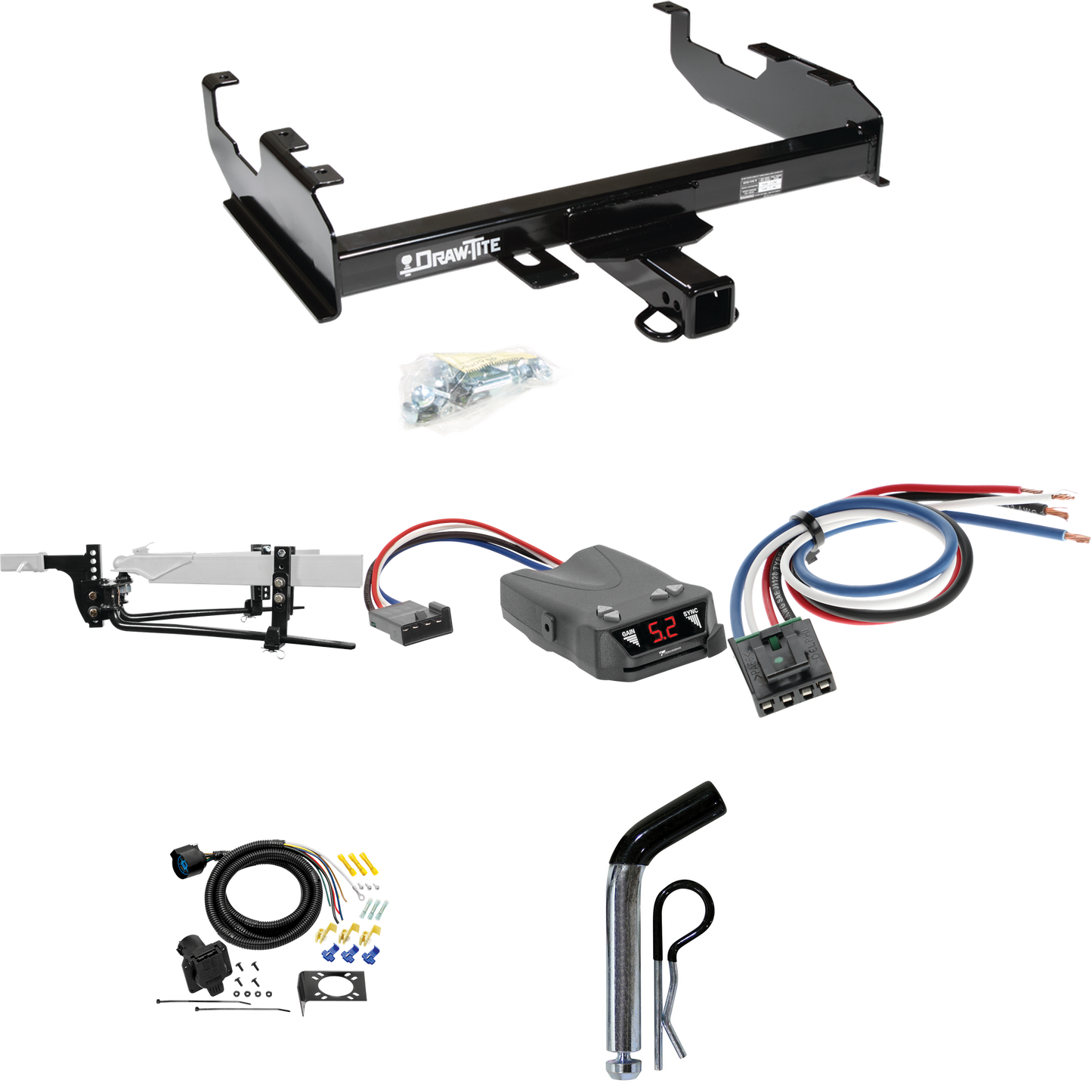 Fits 1967-1978 GMC C35 Trailer Hitch Tow PKG w/ 11.5K Round Bar Weight Distribution Hitch w/ 2-5/16" Ball + Pin/Clip + Tekonsha Brakeman IV Brake Control + Generic BC Wiring Adapter + 7-Way RV Wiring (For w/8' Bed Models) By Draw-Tite