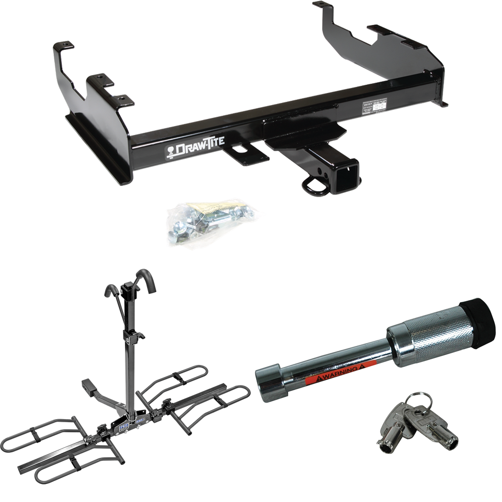 Fits 1963-1986 Chevrolet K10 Trailer Hitch Tow PKG w/ 2 Bike Plaform Style Carrier Rack + Hitch Lock (For w/8' Bed Models) By Draw-Tite