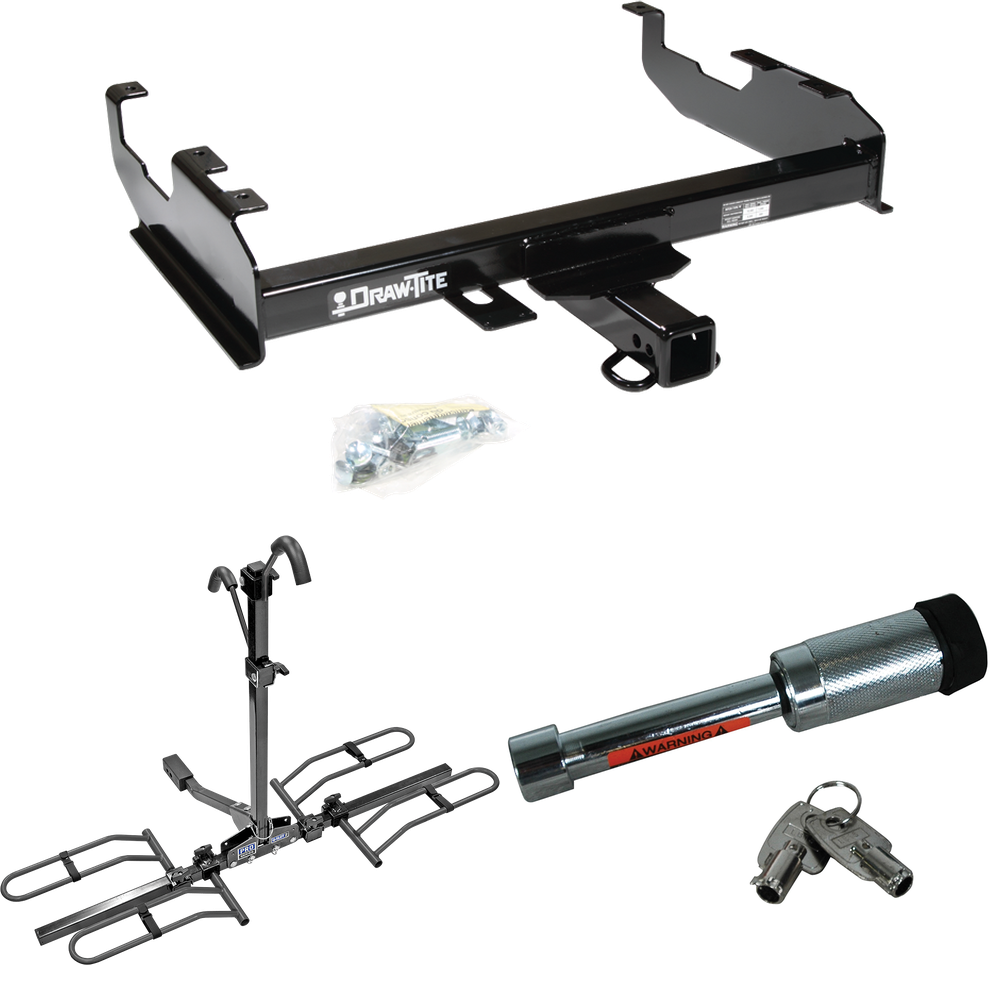 Fits 1979-1986 GMC K1500 Trailer Hitch Tow PKG w/ 2 Bike Plaform Style Carrier Rack + Hitch Lock (For w/8' Bed Models) By Draw-Tite