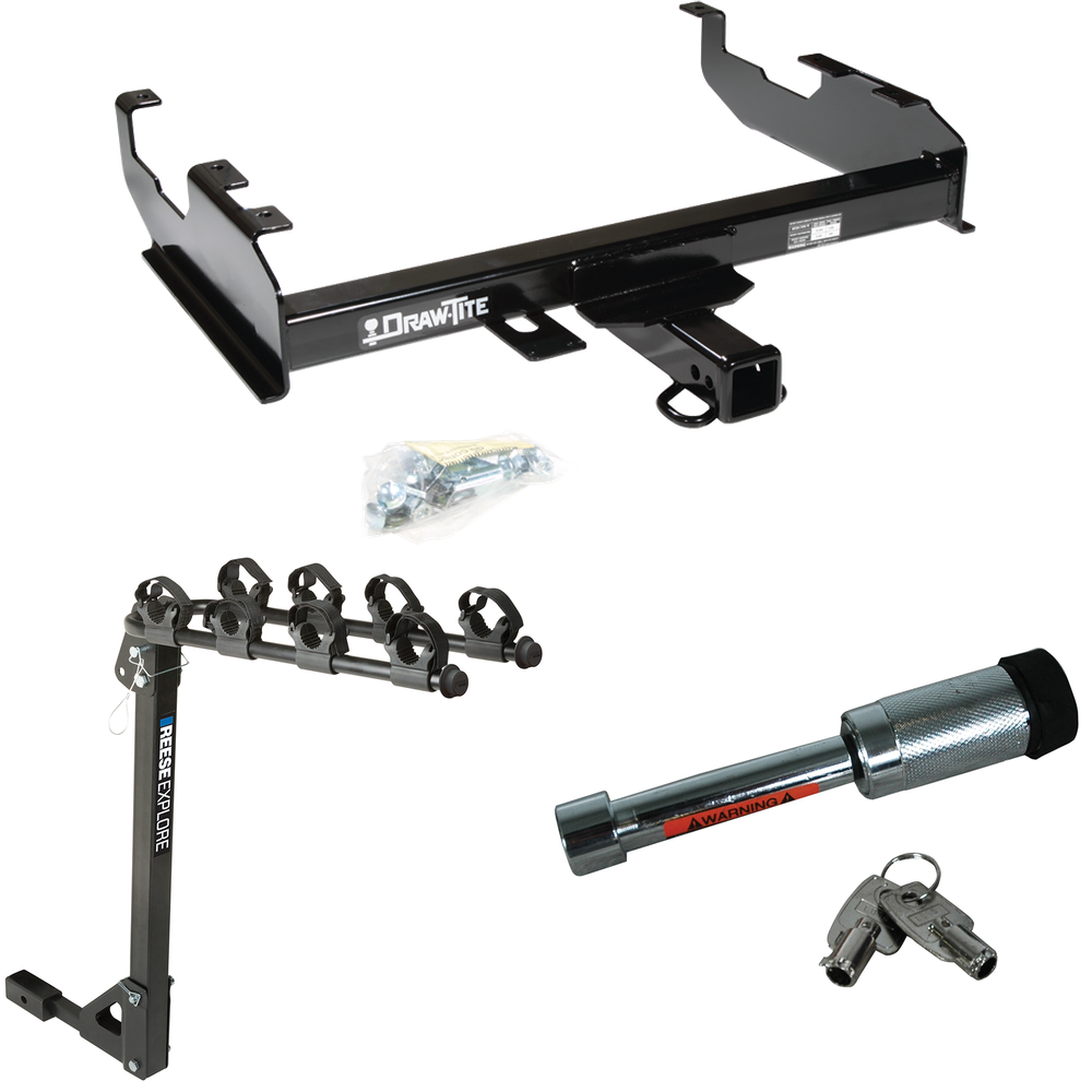 Fits 1963-1986 Chevrolet C30 Trailer Hitch Tow PKG w/ 4 Bike Carrier Rack + Hitch Lock (For w/8' Bed Models) By Draw-Tite