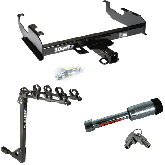 Fits 1963-1986 Chevrolet C30 Trailer Hitch Tow PKG w/ 4 Bike Carrier Rack + Hitch Lock (For w/8' Bed Models) By Draw-Tite