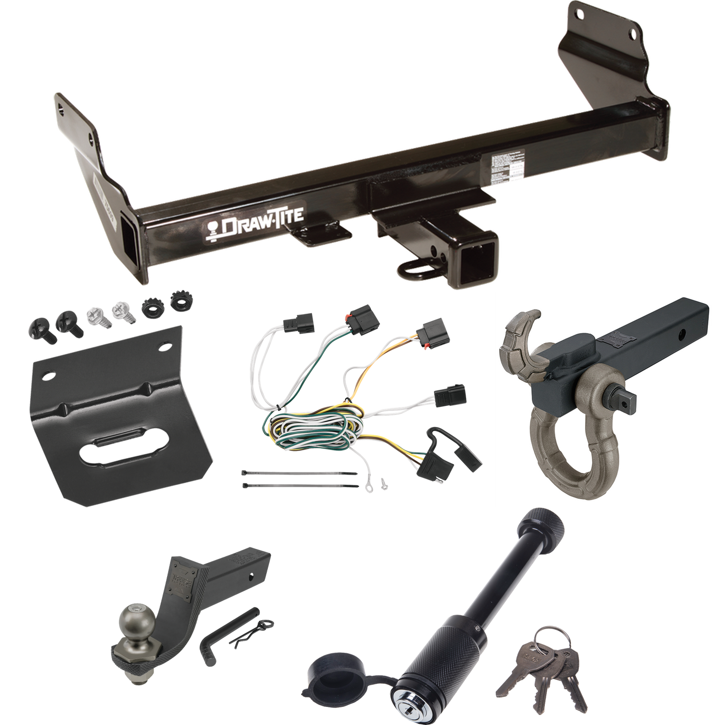 Fits 2011-2013 Jeep Grand Cherokee Trailer Hitch Tow PKG w/ 4-Flat Wiring + Interlock Tactical Starter Kit w/ 3-1/4" Drop & 2" Ball + Tactical Hook & Shackle Mount + Tactical Dogbone Lock + Wiring Bracket (Excludes: w/OEM Tow Hook Models) By Draw-Tit