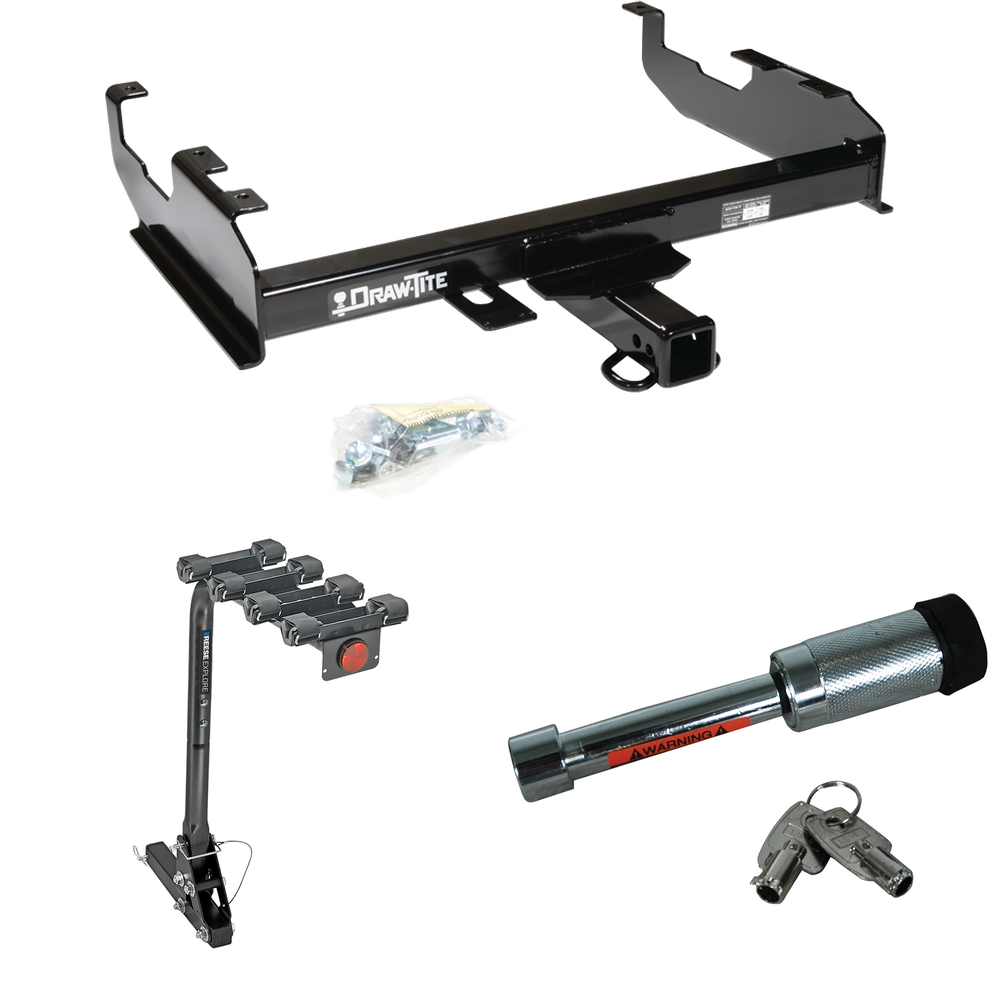 Fits 1963-1986 Chevrolet C30 Trailer Hitch Tow PKG w/ 4 Bike Carrier Rack + Hitch Lock (For w/8' Bed Models) By Draw-Tite