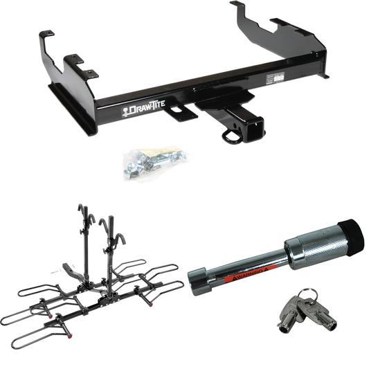 Fits 1979-1986 GMC K3500 Trailer Hitch Tow PKG w/ 4 Bike Plaform Style Carrier Rack + Hitch Lock (For w/8' Bed Models) By Draw-Tite