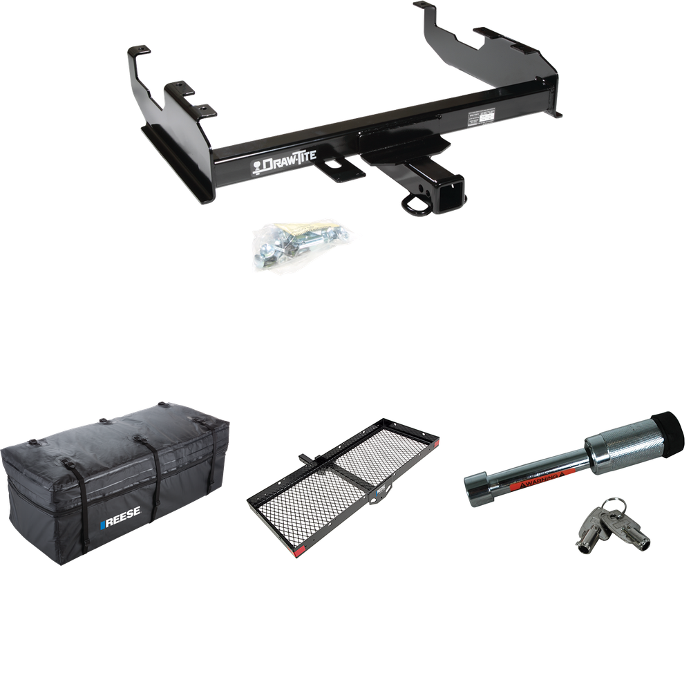 Fits 1988-1991 Chevrolet K2500 Trailer Hitch Tow PKG w/ 48" x 20" Cargo Carrier + Cargo Bag + Hitch Lock (For Crew Cab w/8' Bed Models) By Draw-Tite