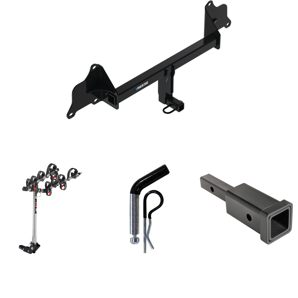 Fits 2017-2023 Tesla 3 Trailer Hitch Tow PKG w/ Hitch Adapter 1-1/4" to 2" Receiver + 1/2" Pin & Clip + 4 Bike Carrier Rack By Reese Towpower