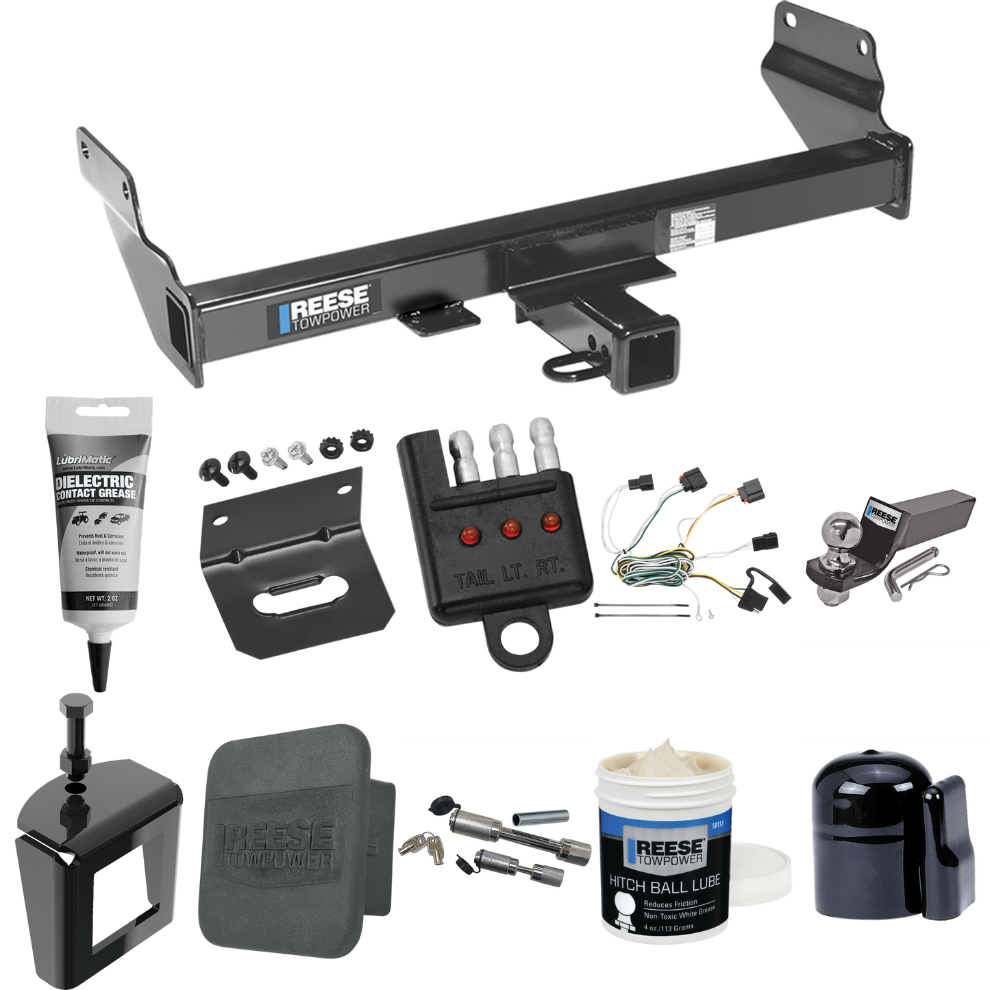 Fits 2011-2013 Jeep Grand Cherokee Trailer Hitch Tow PKG w/ 4-Flat Wiring + Starter Kit Ball Mount w/ 2" Drop & 2" Ball + 1-7/8" Ball + Wiring Bracket + Dual Hitch & Coupler Locks + Hitch Cover + Wiring Tester + Ball Lube + Electric Grease + Ball Wre