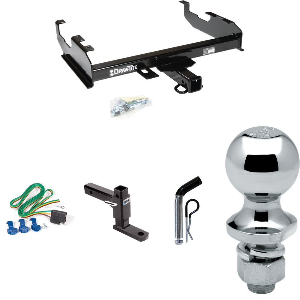 Fits 1963-1972 Chevrolet K10 Trailer Hitch Tow PKG w/ 4-Flat Wiring + Adjustable Drop Rise Ball Mount + Pin/Clip + 1-7/8" Ball (For w/8' Bed Models) By Draw-Tite