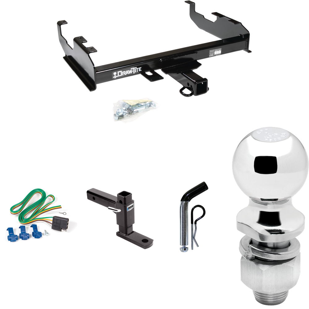 Fits 1963-1972 Chevrolet K10 Trailer Hitch Tow PKG w/ 4-Flat Wiring + Adjustable Drop Rise Ball Mount + Pin/Clip + 2" Ball (For w/8' Bed Models) By Draw-Tite