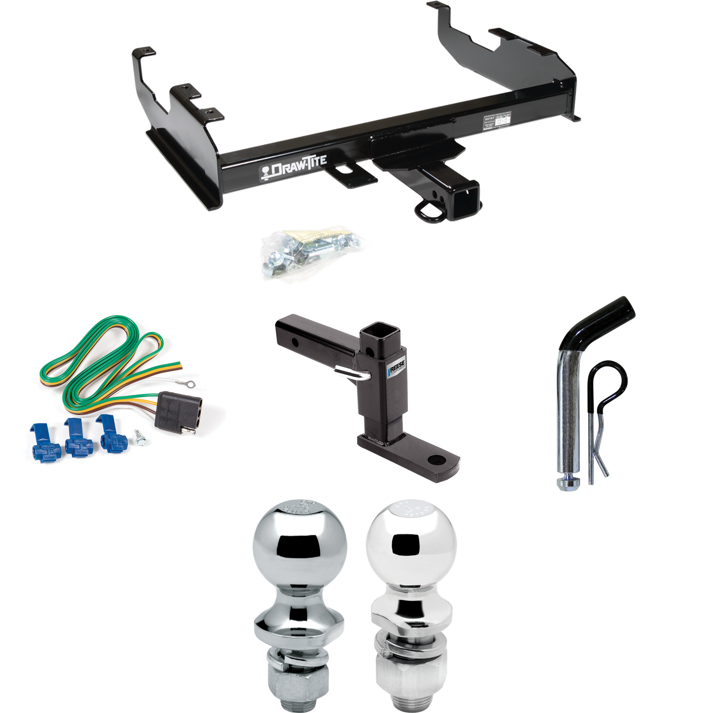Fits 1963-1965 GMC 1000 Series Trailer Hitch Tow PKG w/ 4-Flat Wiring + Adjustable Drop Rise Ball Mount + Pin/Clip + 2" Ball + 1-7/8" Ball (For w/8' Bed Models) By Draw-Tite
