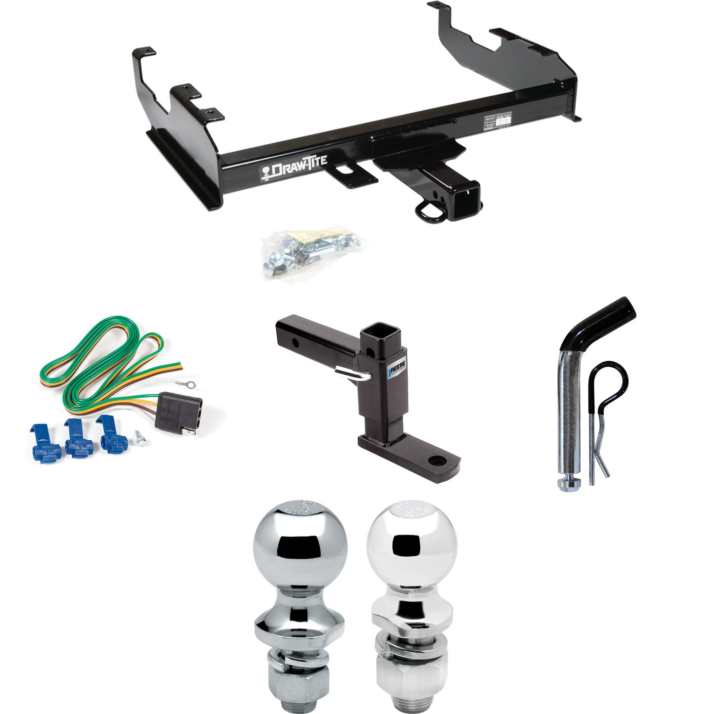 Fits 1985-1986 GMC C3500 Trailer Hitch Tow PKG w/ 4-Flat Wiring + Adjustable Drop Rise Ball Mount + Pin/Clip + 2" Ball + 1-7/8" Ball (For w/8' Bed Models) By Draw-Tite