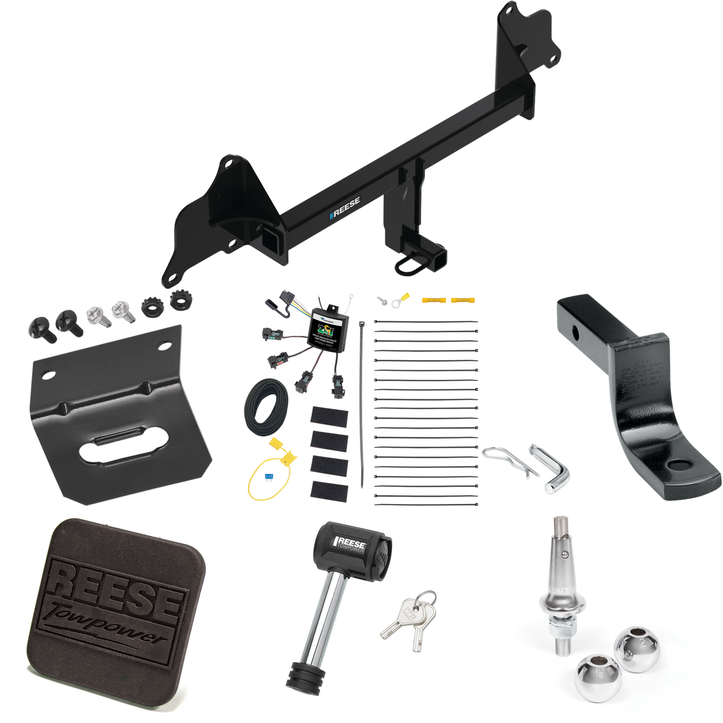 Fits 2017-2019 Tesla 3 Trailer Hitch Tow PKG w/ 4-Flat Zero Contact "No Splice" Wiring Harness + Draw-Bar + Interchangeable 1-7/8" & 2" Balls + Wiring Bracket + Hitch Cover + Hitch Lock By Reese Towpower