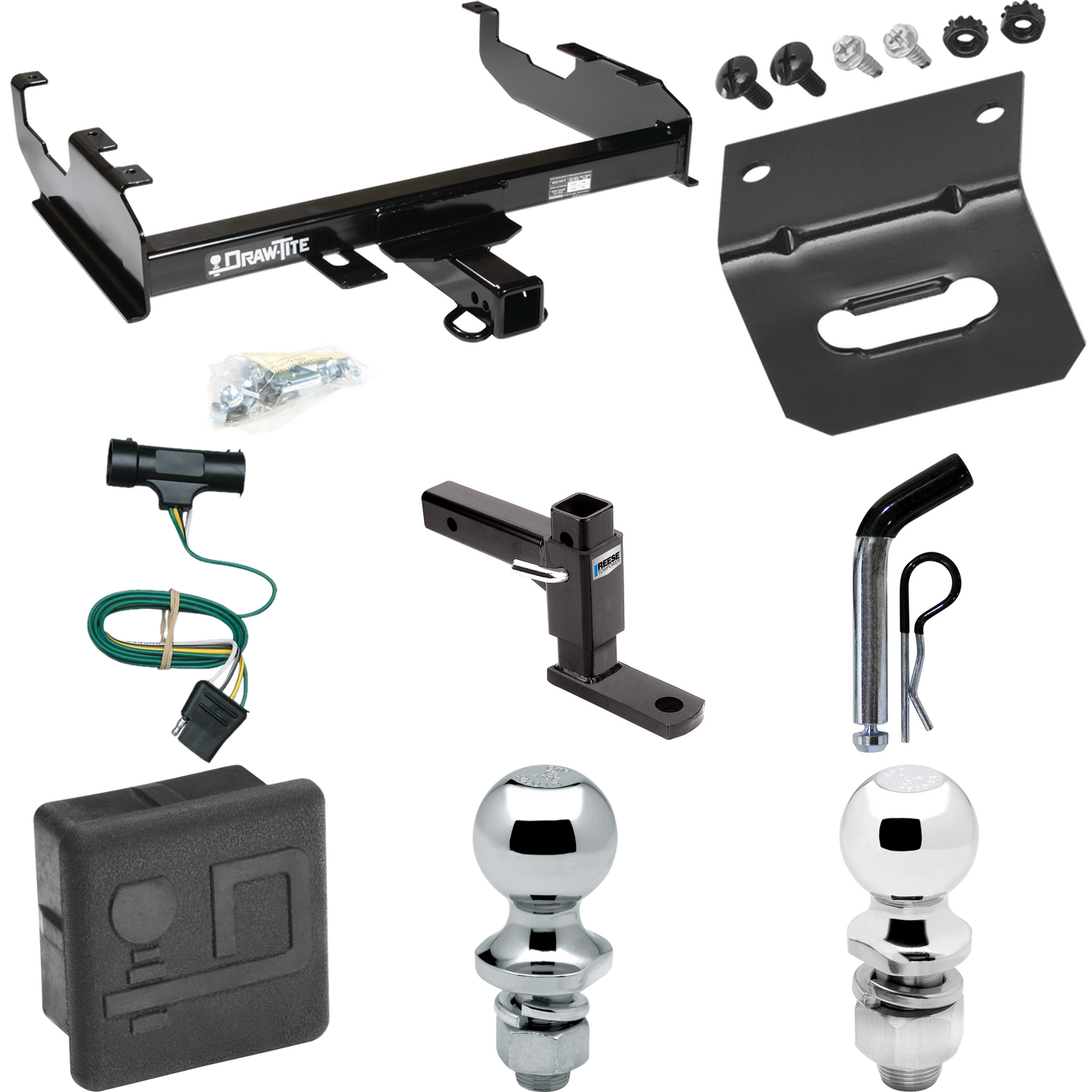 Fits 1967-1974 GMC K35 Trailer Hitch Tow PKG w/ 4-Flat Wiring + Adjustable Drop Rise Ball Mount + Pin/Clip + 2" Ball + 1-7/8" Ball + Wiring Bracket + Hitch Cover (For w/8' Bed Models) By Draw-Tite