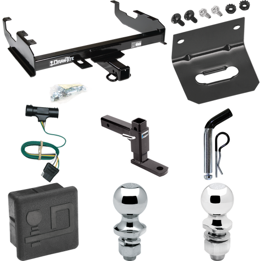 Fits 1967-1974 GMC K35 Trailer Hitch Tow PKG w/ 4-Flat Wiring + Adjustable Drop Rise Ball Mount + Pin/Clip + 2" Ball + 1-7/8" Ball + Wiring Bracket + Hitch Cover (For w/8' Bed Models) By Draw-Tite