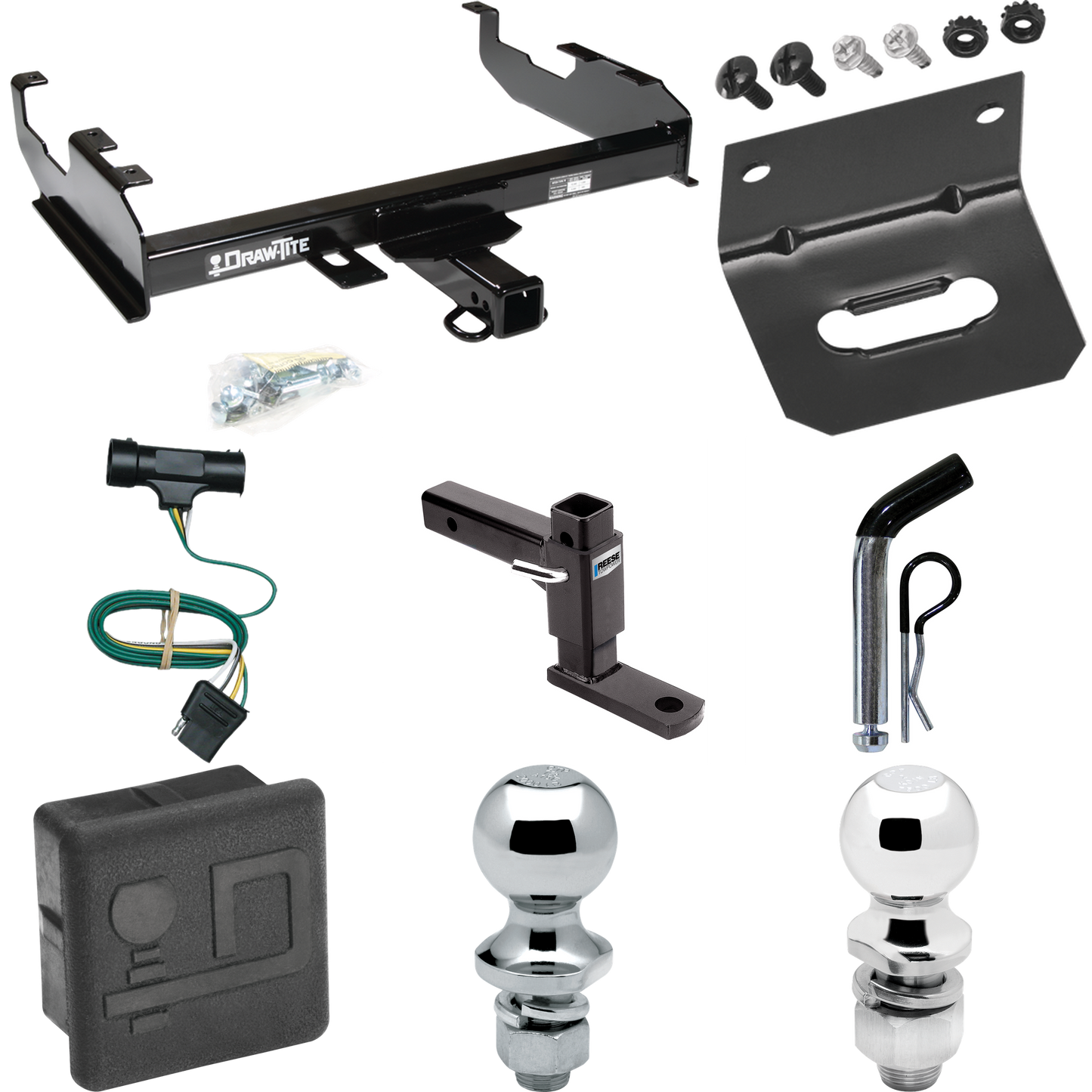 Fits 1973-1984 Chevrolet K10 Trailer Hitch Tow PKG w/ 4-Flat Wiring + Adjustable Drop Rise Ball Mount + Pin/Clip + 2" Ball + 1-7/8" Ball + Wiring Bracket + Hitch Cover (For w/8' Bed Models) By Draw-Tite