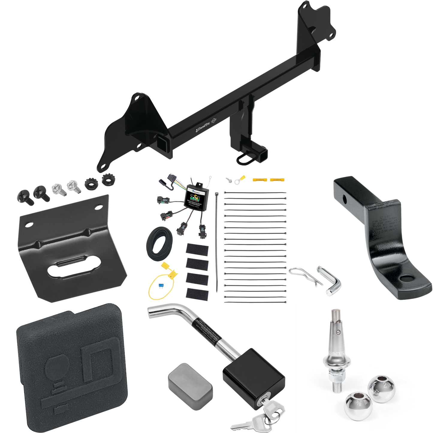 Fits 2017-2019 Tesla 3 Trailer Hitch Tow PKG w/ 4-Flat Zero Contact "No Splice" Wiring Harness + Draw-Bar + Interchangeable 1-7/8" & 2" Balls + Wiring Bracket + Hitch Cover + Hitch Lock By Draw-Tite