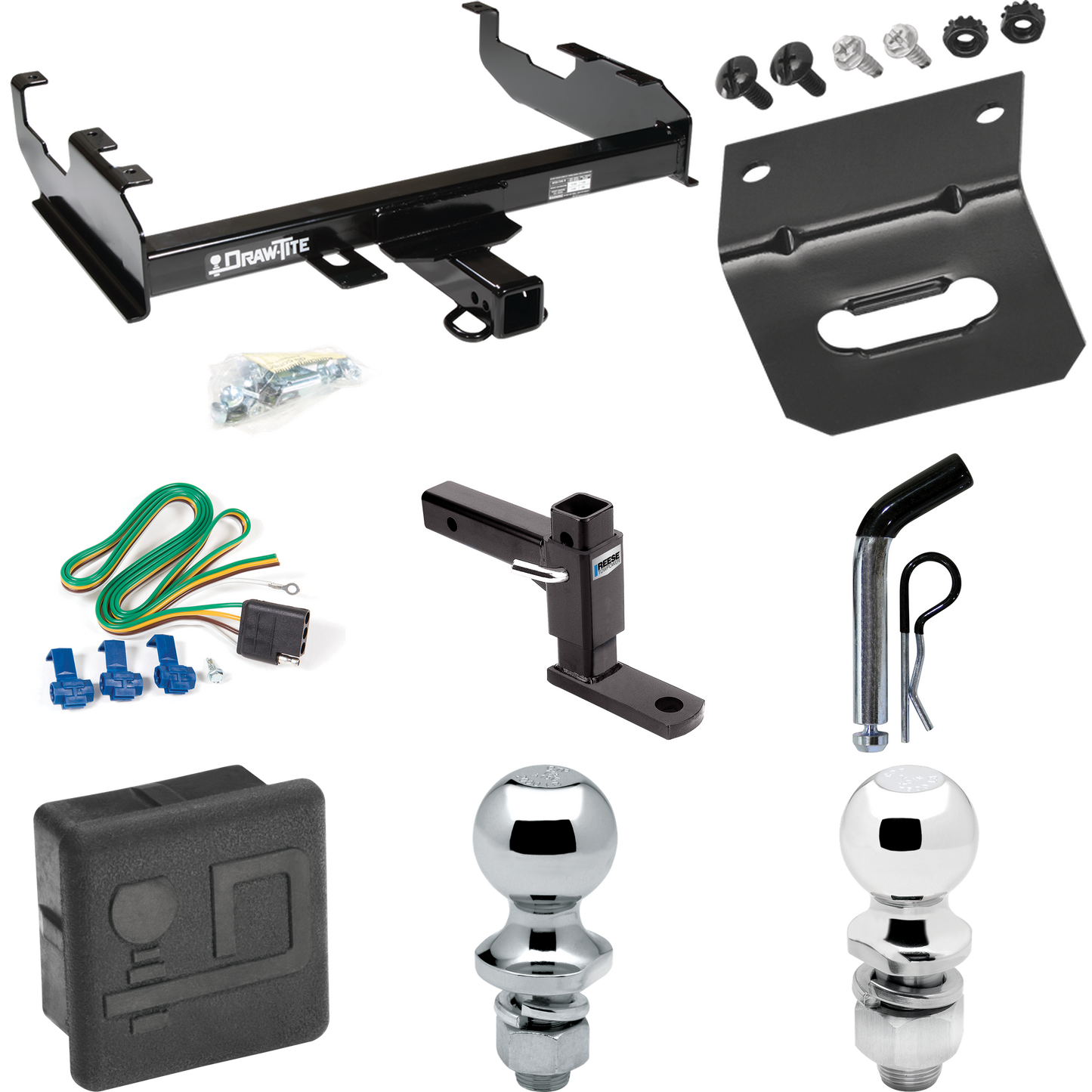 Fits 1988-1991 Chevrolet C3500 Trailer Hitch Tow PKG w/ 4-Flat Wiring + Adjustable Drop Rise Ball Mount + Pin/Clip + 2" Ball + 1-7/8" Ball + Wiring Bracket + Hitch Cover (For Crew Cab w/8' Bed Models) By Draw-Tite