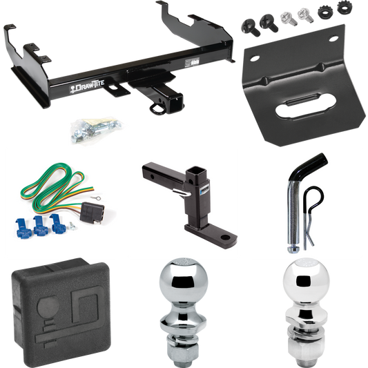 Fits 1988-1991 Chevrolet C3500 Trailer Hitch Tow PKG w/ 4-Flat Wiring + Adjustable Drop Rise Ball Mount + Pin/Clip + 2" Ball + 1-7/8" Ball + Wiring Bracket + Hitch Cover (For Crew Cab w/8' Bed Models) By Draw-Tite