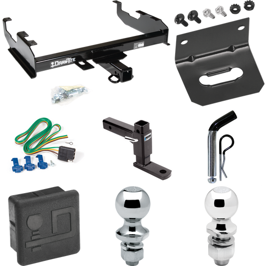 Fits 1963-1965 GMC 1500 Series Trailer Hitch Tow PKG w/ 4-Flat Wiring + Adjustable Drop Rise Ball Mount + Pin/Clip + 2" Ball + 1-7/8" Ball + Wiring Bracket + Hitch Cover (For w/8' Bed Models) By Draw-Tite