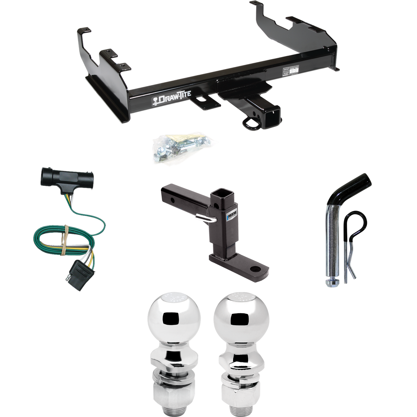 Fits 1967-1978 GMC C35 Trailer Hitch Tow PKG w/ 4-Flat Wiring + Adjustable Drop Rise Ball Mount + Pin/Clip + 2" Ball + 2-5/16" Ball (For w/8' Bed Models) By Draw-Tite