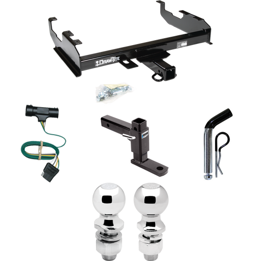 Fits 1973-1984 Chevrolet K10 Trailer Hitch Tow PKG w/ 4-Flat Wiring + Adjustable Drop Rise Ball Mount + Pin/Clip + 2" Ball + 2-5/16" Ball (For w/8' Bed Models) By Draw-Tite