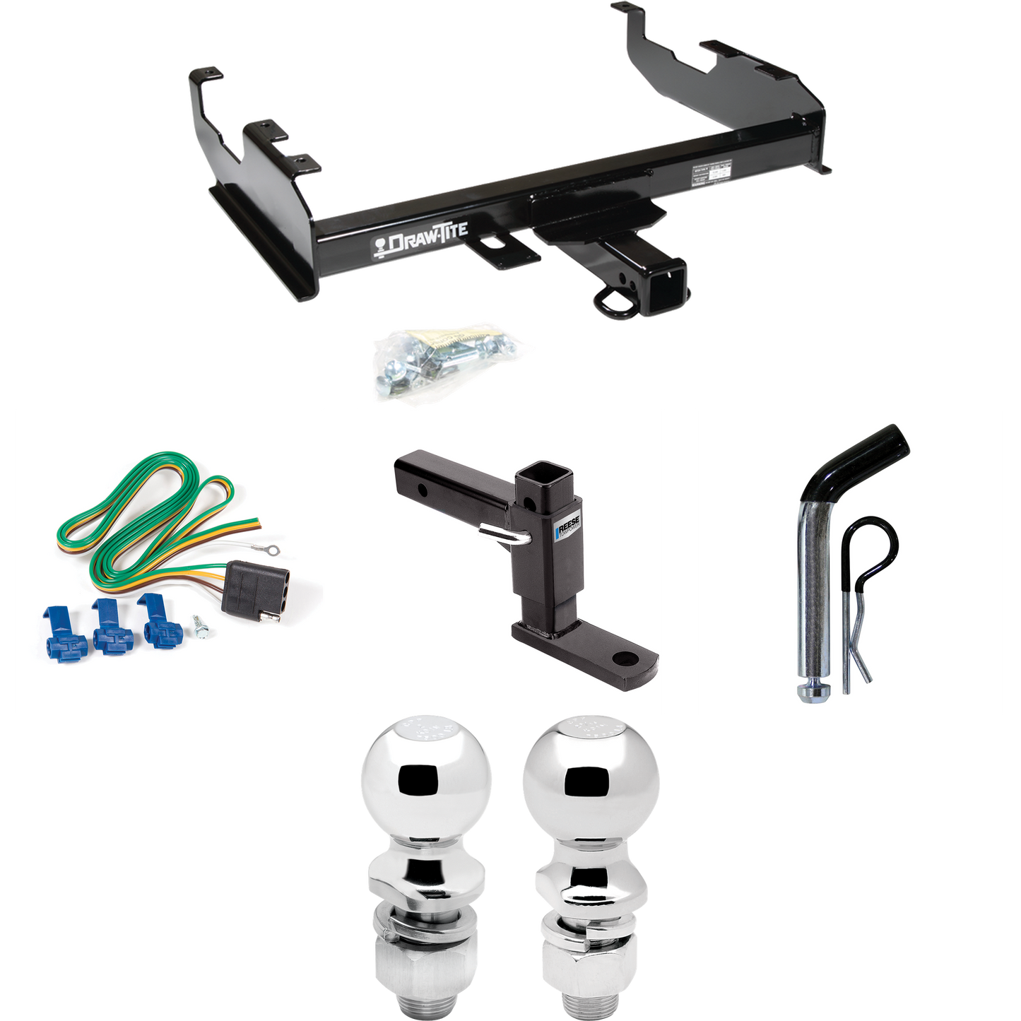 Fits 1969-1971 International 1500D Trailer Hitch Tow PKG w/ 4-Flat Wiring + Adjustable Drop Rise Ball Mount + Pin/Clip + 2" Ball + 2-5/16" Ball By Draw-Tite