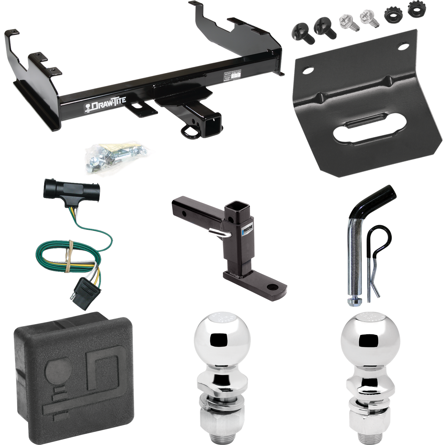 Fits 1973-1984 Chevrolet K20 Trailer Hitch Tow PKG w/ 4-Flat Wiring + Adjustable Drop Rise Ball Mount + Pin/Clip + 2" Ball + 2-5/16" Ball + Wiring Bracket + Hitch Cover (For w/8' Bed Models) By Draw-Tite