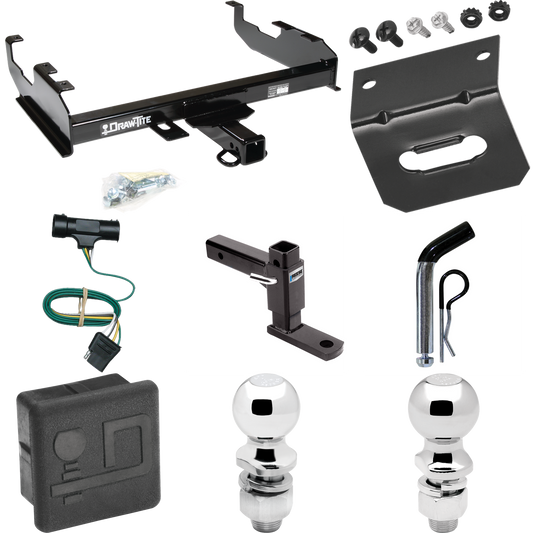 Fits 1973-1984 Chevrolet K20 Trailer Hitch Tow PKG w/ 4-Flat Wiring + Adjustable Drop Rise Ball Mount + Pin/Clip + 2" Ball + 2-5/16" Ball + Wiring Bracket + Hitch Cover (For w/8' Bed Models) By Draw-Tite