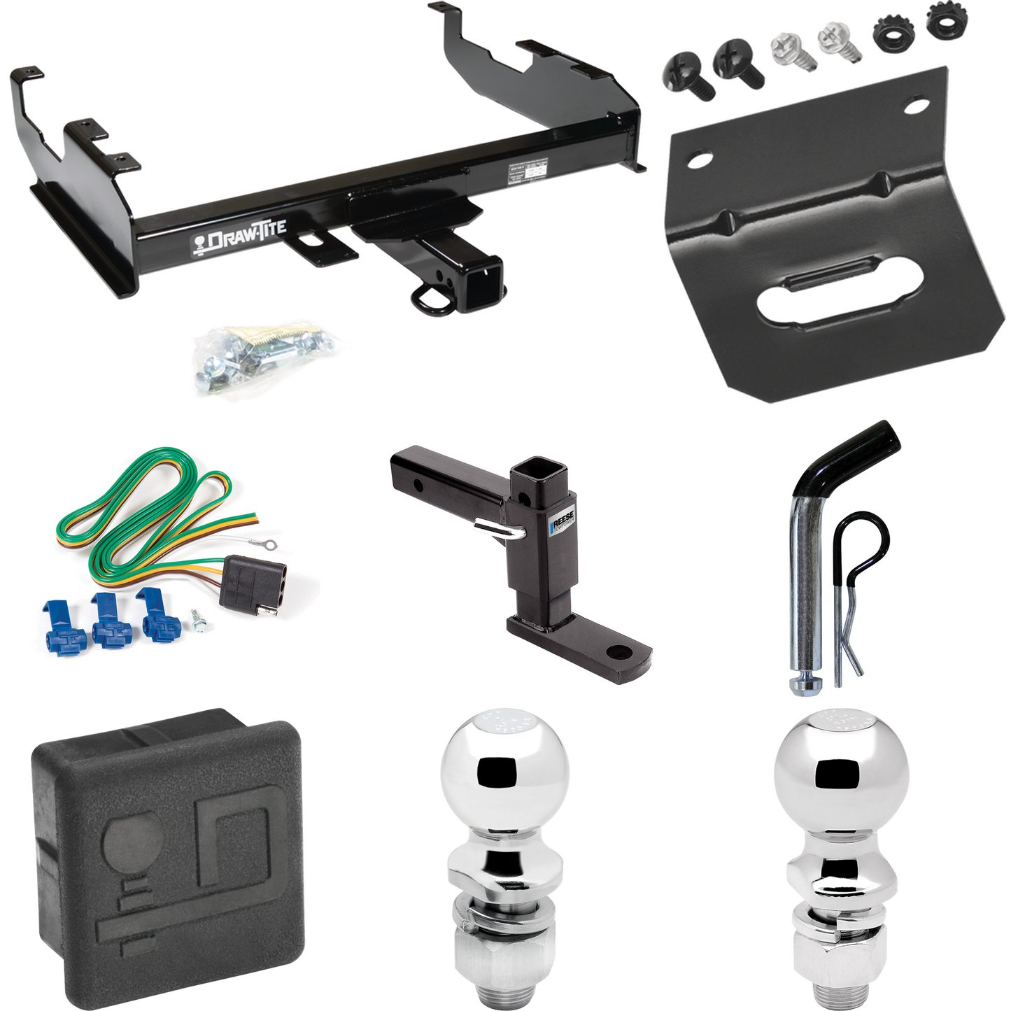 Fits 1974-1975 International 200 Trailer Hitch Tow PKG w/ 4-Flat Wiring + Adjustable Drop Rise Ball Mount + Pin/Clip + 2" Ball + 2-5/16" Ball + Wiring Bracket + Hitch Cover By Draw-Tite