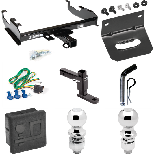 Fits 1974-1975 International 200 Trailer Hitch Tow PKG w/ 4-Flat Wiring + Adjustable Drop Rise Ball Mount + Pin/Clip + 2" Ball + 2-5/16" Ball + Wiring Bracket + Hitch Cover By Draw-Tite