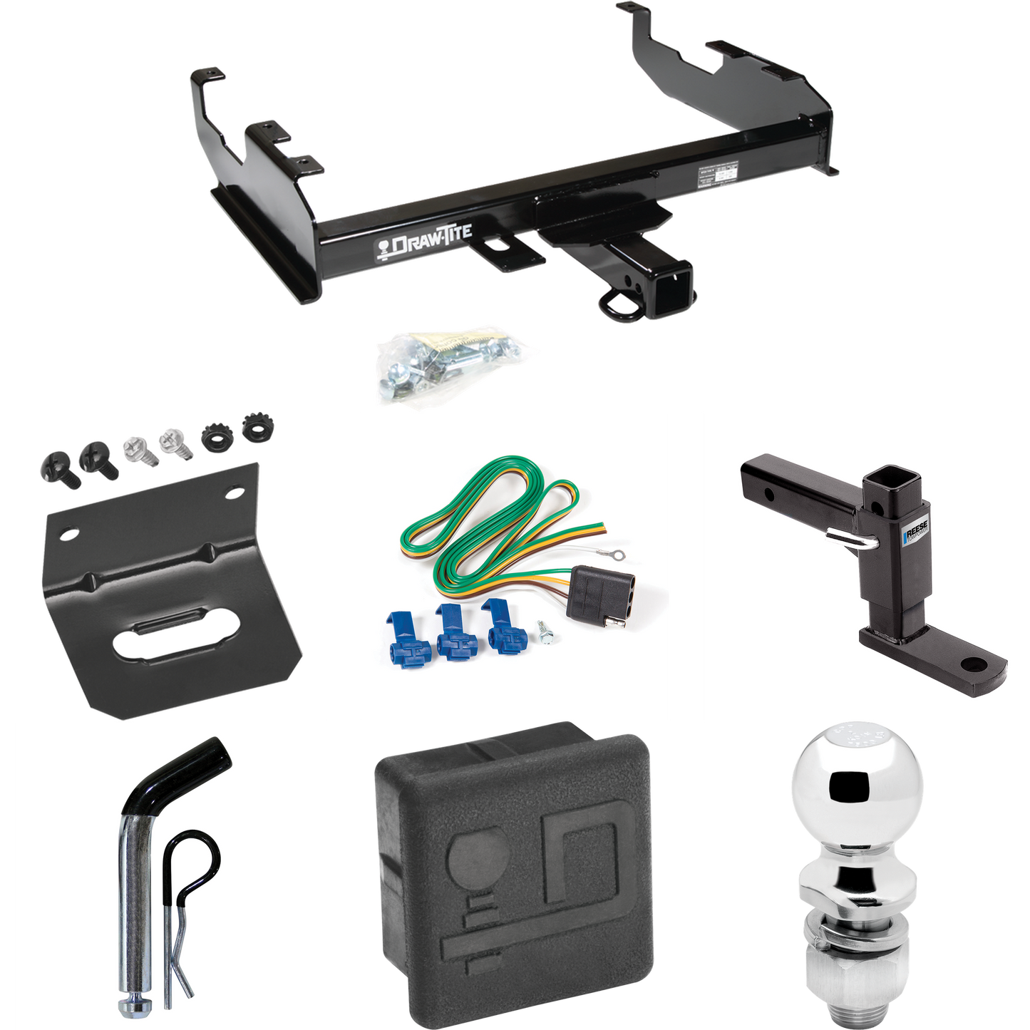 Fits 1985-1986 Chevrolet K30 Trailer Hitch Tow PKG w/ 4-Flat Wiring + Adjustable Drop Rise Ball Mount + Pin/Clip + 2" Ball + Wiring Bracket + Hitch Cover (For w/8' Bed Models) By Draw-Tite