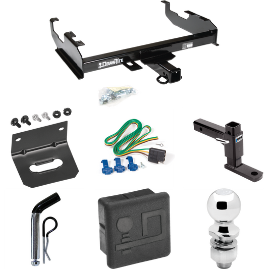 Fits 1985-1986 Chevrolet K30 Trailer Hitch Tow PKG w/ 4-Flat Wiring + Adjustable Drop Rise Ball Mount + Pin/Clip + 2" Ball + Wiring Bracket + Hitch Cover (For w/8' Bed Models) By Draw-Tite