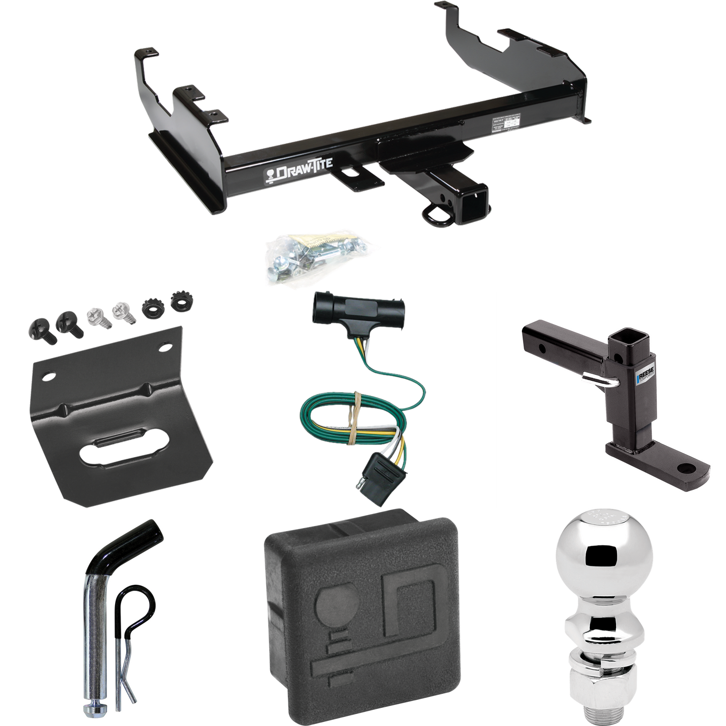 Fits 1967-1978 GMC K25 Trailer Hitch Tow PKG w/ 4-Flat Wiring + Adjustable Drop Rise Ball Mount + Pin/Clip + 2-5/16" Ball + Wiring Bracket + Hitch Cover (For w/8' Bed Models) By Draw-Tite