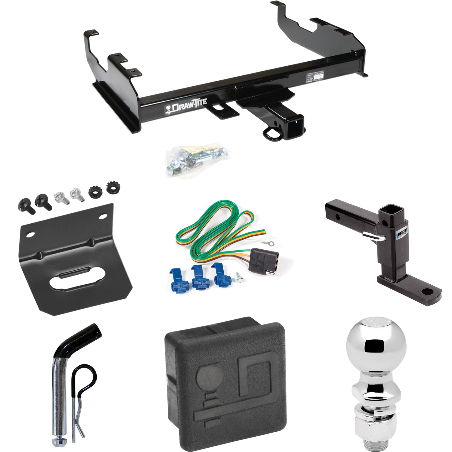 Fits 1963-1965 GMC 1500 Series Trailer Hitch Tow PKG w/ 4-Flat Wiring + Adjustable Drop Rise Ball Mount + Pin/Clip + 2-5/16" Ball + Wiring Bracket + Hitch Cover (For w/8' Bed Models) By Draw-Tite