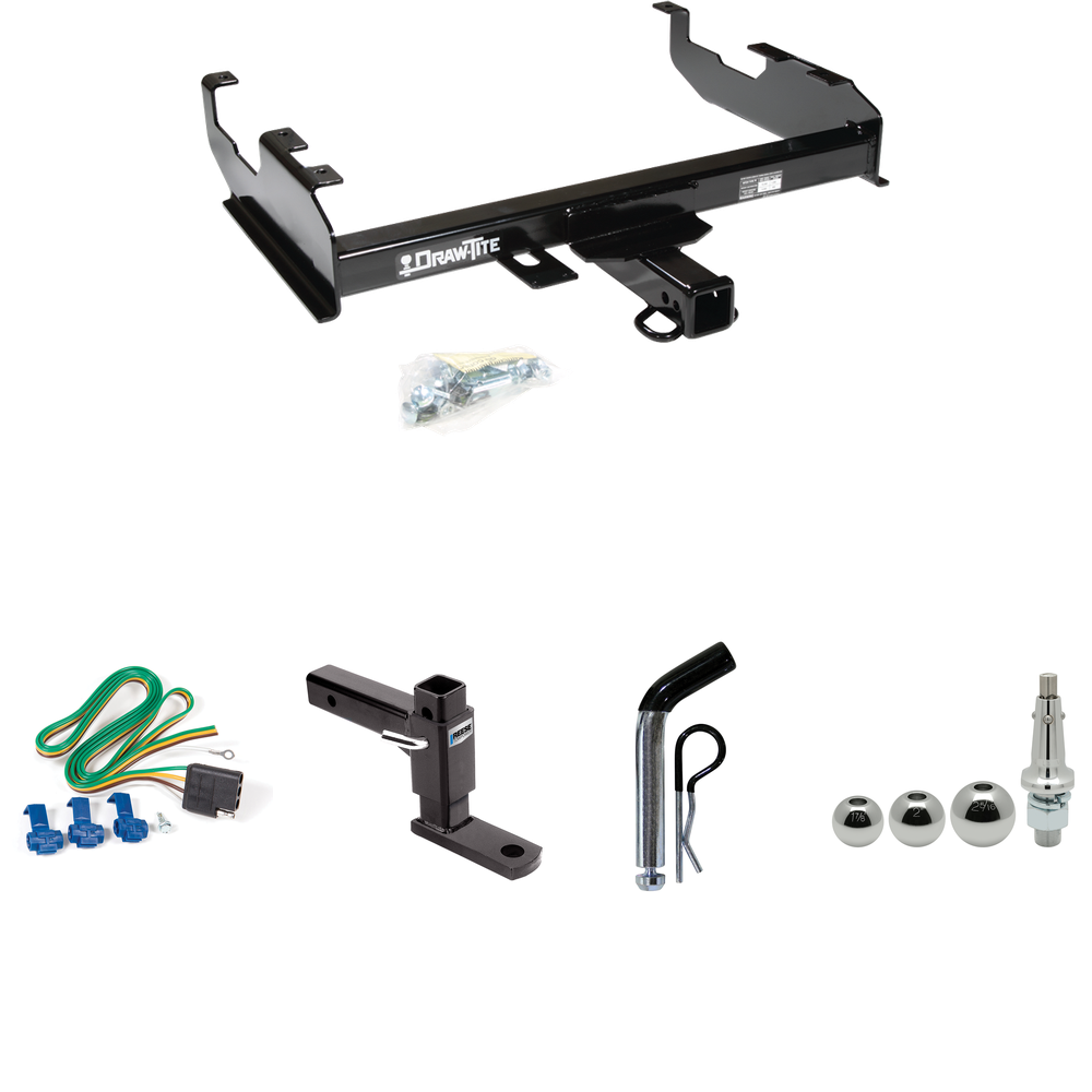 Fits 1985-1986 Chevrolet C20 Trailer Hitch Tow PKG w/ 4-Flat Wiring + Adjustable Drop Rise Ball Mount + Pin/Clip + Inerchangeable 1-7/8" & 2" & 2-5/16" Balls (For w/8' Bed Models) By Draw-Tite