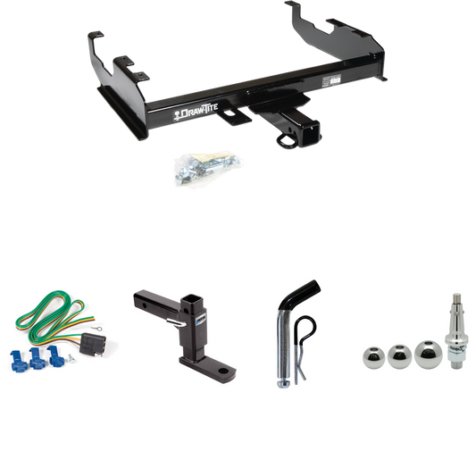 Fits 1985-1986 Chevrolet C20 Trailer Hitch Tow PKG w/ 4-Flat Wiring + Adjustable Drop Rise Ball Mount + Pin/Clip + Inerchangeable 1-7/8" & 2" & 2-5/16" Balls (For w/8' Bed Models) By Draw-Tite