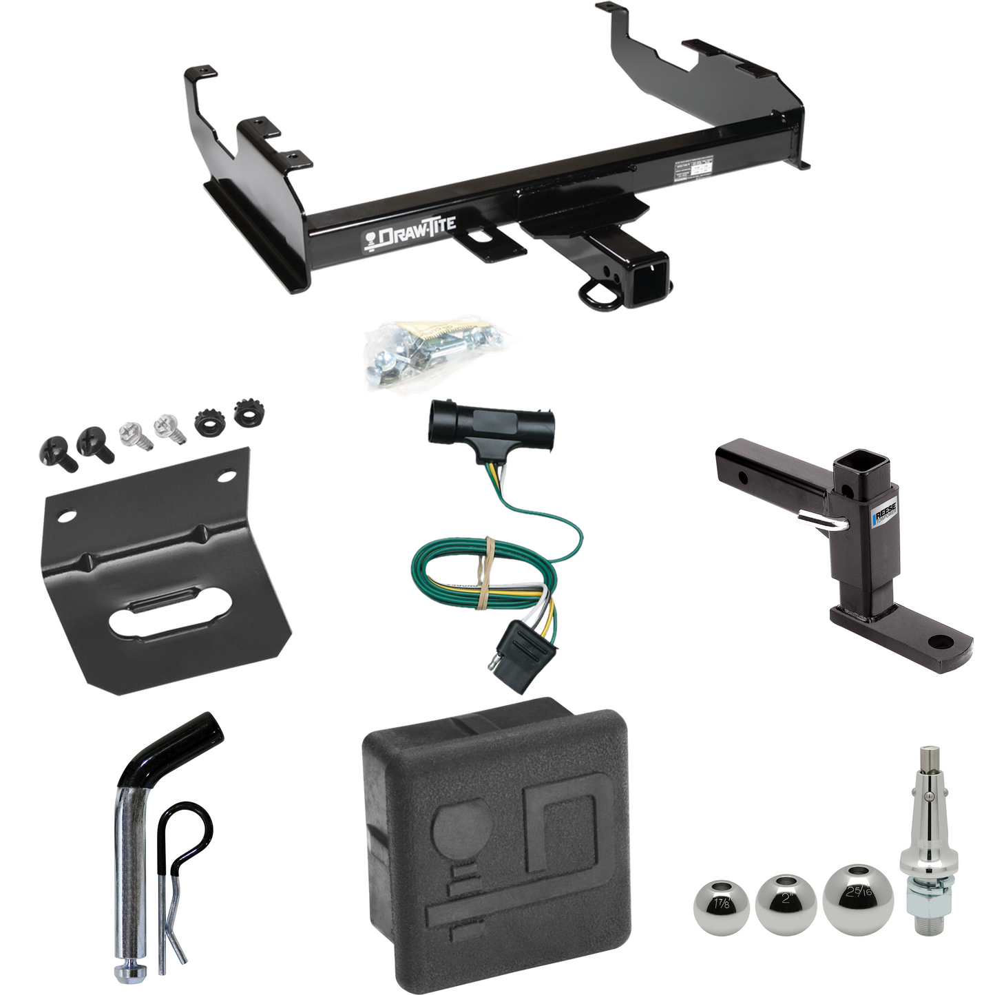 Fits 1967-1978 GMC C25 Trailer Hitch Tow PKG w/ 4-Flat Wiring + Adjustable Drop Rise Ball Mount + Pin/Clip + Inerchangeable 1-7/8" & 2" & 2-5/16" Balls + Wiring Bracket + Hitch Cover (For w/8' Bed Models) By Draw-Tite