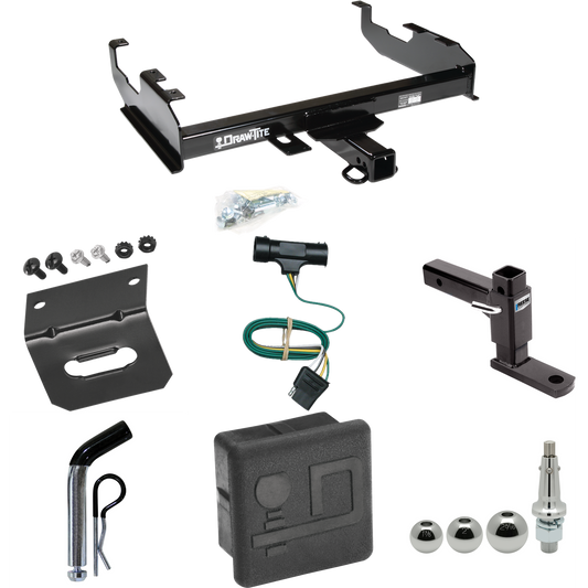 Fits 1967-1978 GMC C25 Trailer Hitch Tow PKG w/ 4-Flat Wiring + Adjustable Drop Rise Ball Mount + Pin/Clip + Inerchangeable 1-7/8" & 2" & 2-5/16" Balls + Wiring Bracket + Hitch Cover (For w/8' Bed Models) By Draw-Tite