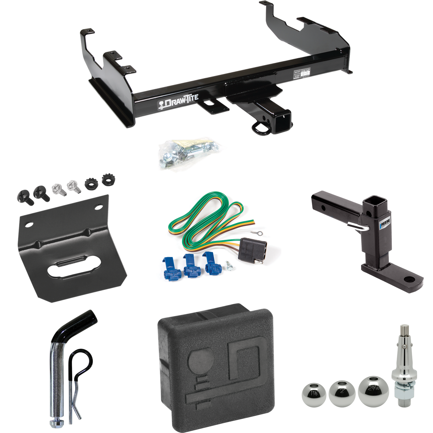 Fits 1988-1991 GMC C3500 Trailer Hitch Tow PKG w/ 4-Flat Wiring + Adjustable Drop Rise Ball Mount + Pin/Clip + Inerchangeable 1-7/8" & 2" & 2-5/16" Balls + Wiring Bracket + Hitch Cover (For Crew Cab w/8' Bed Models) By Draw-Tite