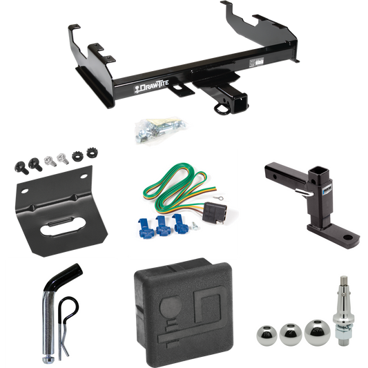 Fits 1988-1991 GMC C3500 Trailer Hitch Tow PKG w/ 4-Flat Wiring + Adjustable Drop Rise Ball Mount + Pin/Clip + Inerchangeable 1-7/8" & 2" & 2-5/16" Balls + Wiring Bracket + Hitch Cover (For Crew Cab w/8' Bed Models) By Draw-Tite