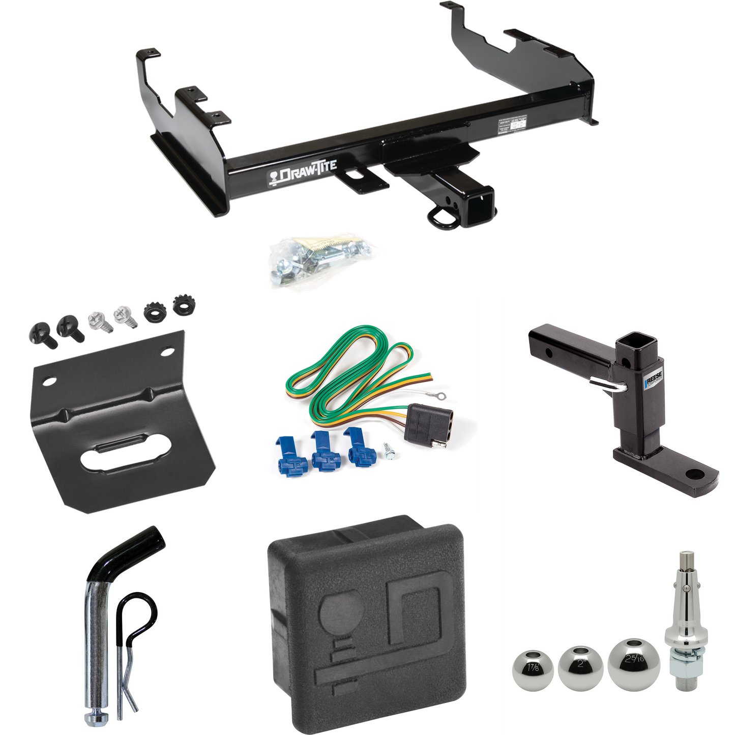 Fits 1963-1972 Chevrolet K20 Trailer Hitch Tow PKG w/ 4-Flat Wiring + Adjustable Drop Rise Ball Mount + Pin/Clip + Inerchangeable 1-7/8" & 2" & 2-5/16" Balls + Wiring Bracket + Hitch Cover (For w/8' Bed Models) By Draw-Tite